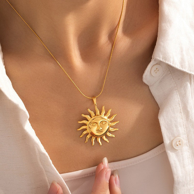 18k Gold Plated Niche Retro Sun Stainless Steel Necklace Wholesale